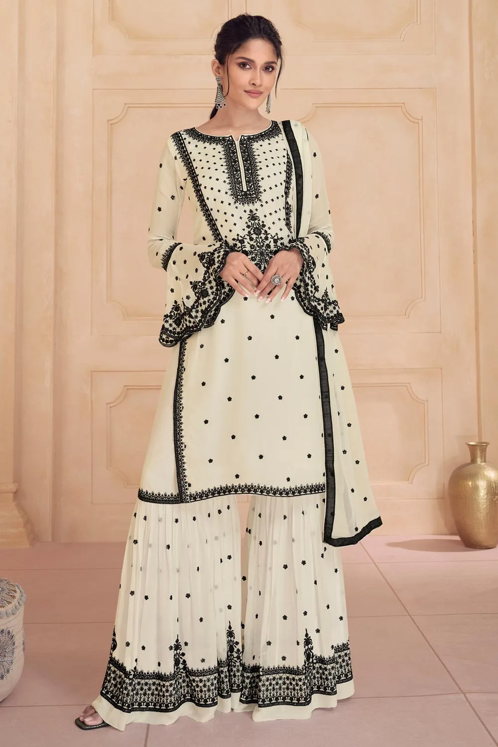 Off-White Stylish Kurta Set with Sharara: Real Georgette/Premium Silk, Embroidered Dupatta Off-White Stylish Kurta Set with Sharara: Real Georgette/Premium Silk, Embroidered Dupatta