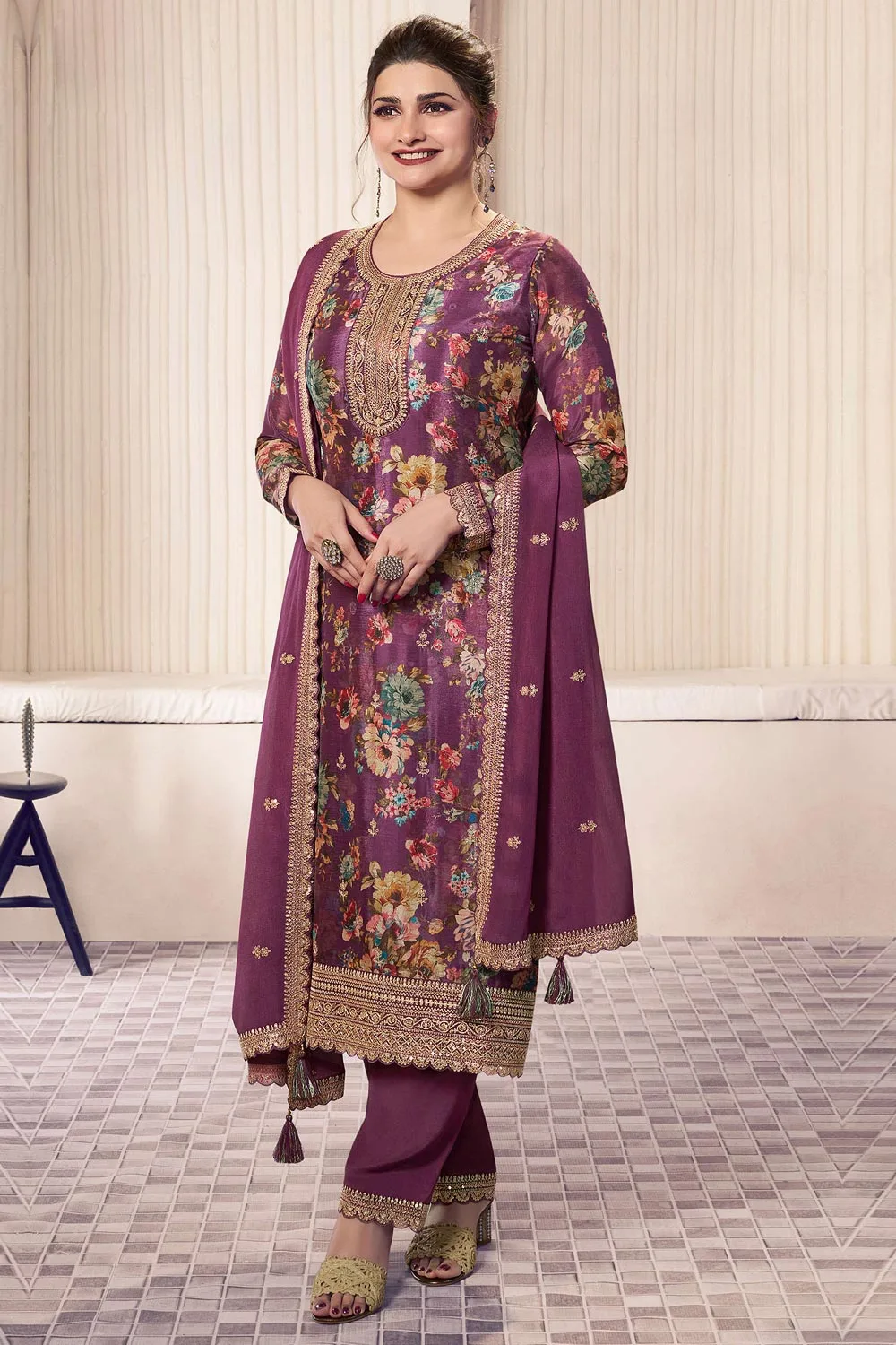 Floral Kurta Set for Women | Purple Embroidered Ethnic Wear with Dupatta Floral Kurta Set for Women | Purple Embroidered Ethnic Wear with Dupatta