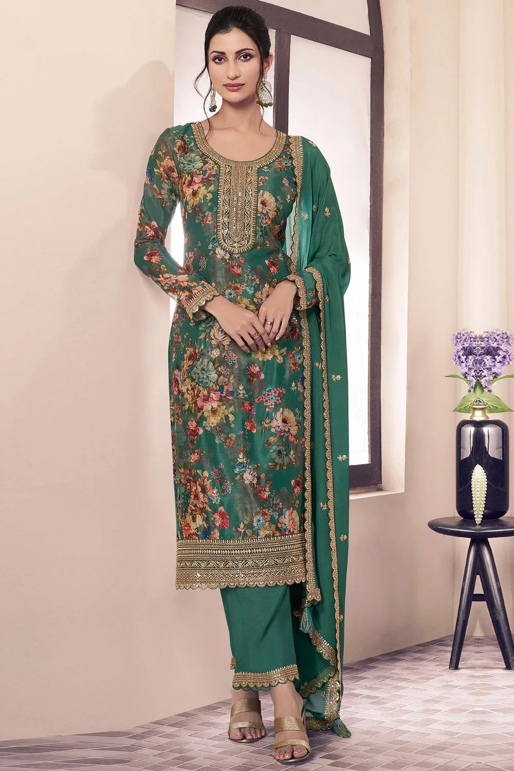 Elegant Green Floral Salwar Suit – Embroidered Dupatta & 2.5m Santoon Bottom | Party Wear Pakistani Suits Elegant Green Floral Salwar Suit – Embroidered Dupatta & 2.5m Santoon Bottom | Party Wear Pakistani Suits