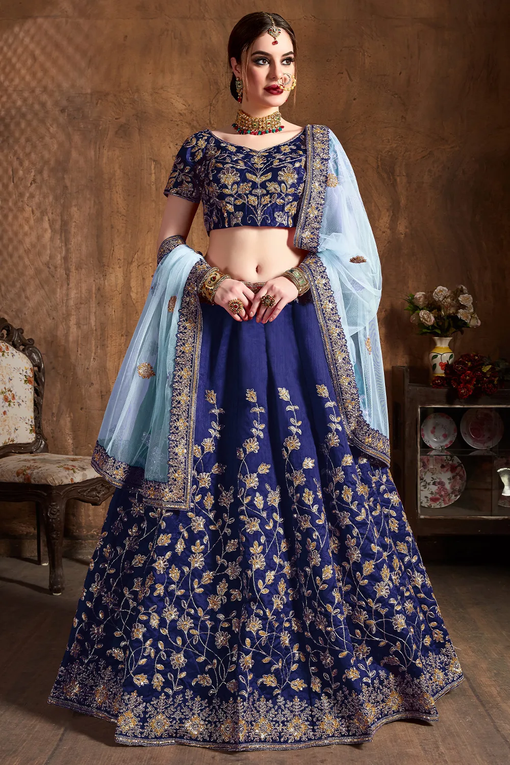 Exquisite Navy Blue Wedding Lehenga Choli with Dori, Badla, and Sequins Embroidery Exquisite Navy Blue Wedding Lehenga Choli with Dori, Badla, and Sequins Embroidery