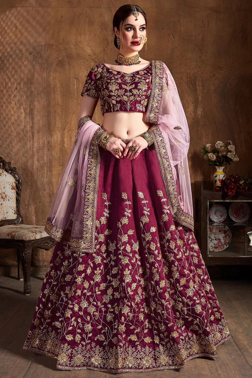 Opulent Maroon Wedding Lehenga Choli with Exquisite Dori, Badla, and Sequins Embroidery Opulent Maroon Wedding Lehenga Choli with Exquisite Dori, Badla, and Sequins Embroidery