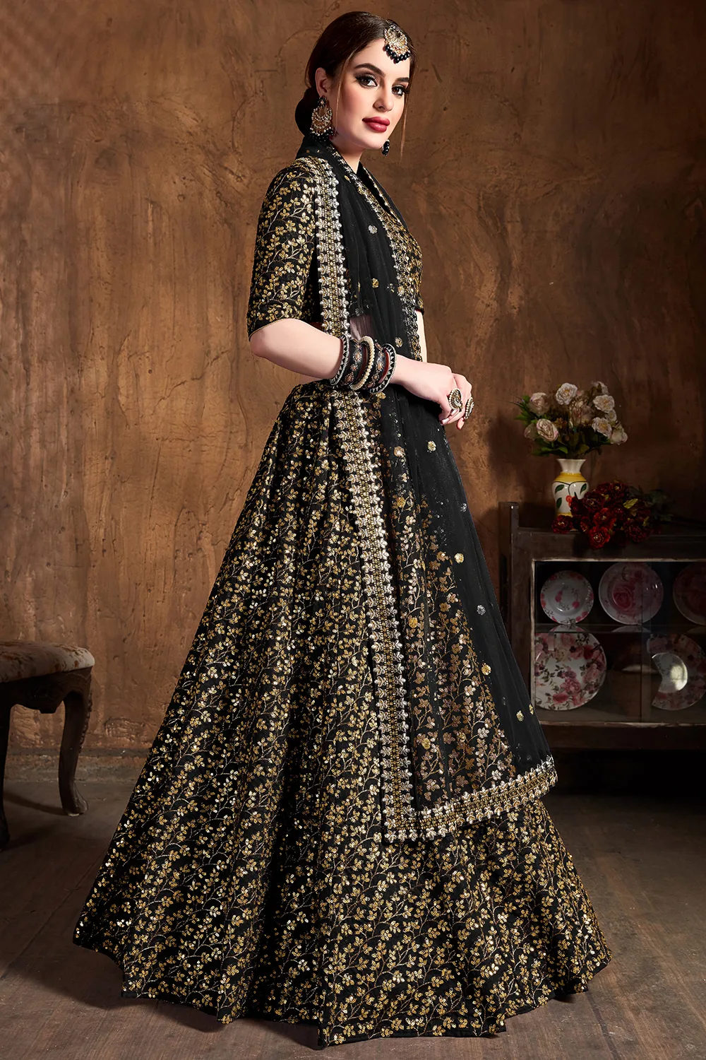 Sophisticated Black Wedding Lehenga Choli with Lavish Zari and Sequins Embroidery Sophisticated Black Wedding Lehenga Choli with Lavish Zari and Sequins Embroidery