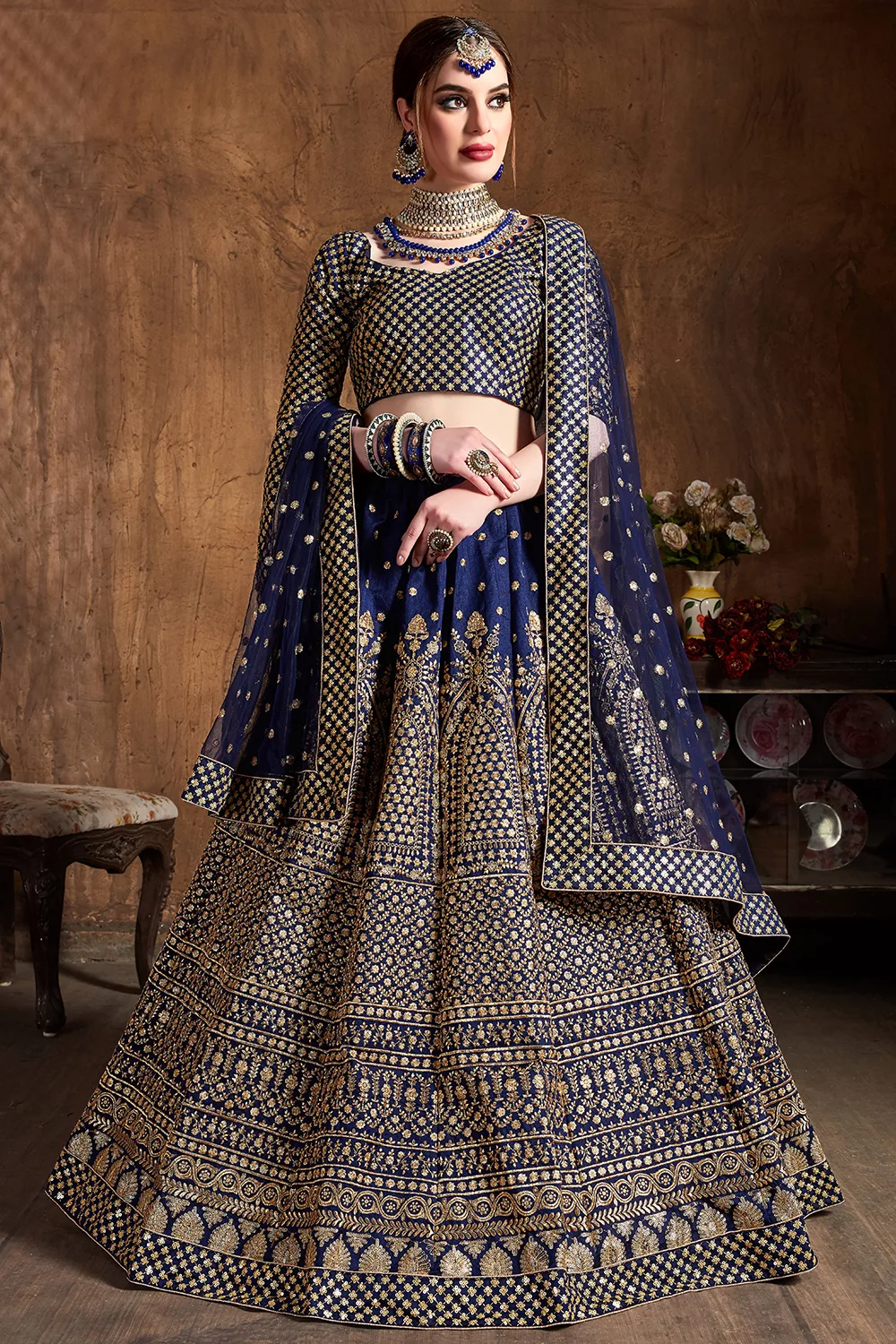 Elegant Navy Blue Wedding Lehenga Choli with Zari and Glitter Sequins Embroidery Elegant Navy Blue Wedding Lehenga Choli with Zari and Glitter Sequins Embroidery