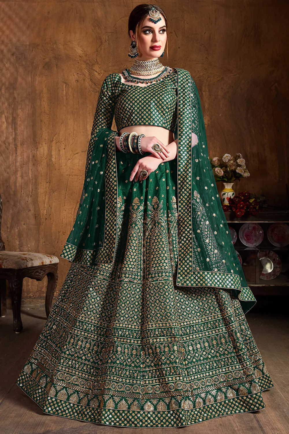 Exquisite Green Wedding Lehenga Choli – Raw Silk with Zari and Sequins Embroidery Exquisite Green Wedding Lehenga Choli – Raw Silk with Zari and Sequins Embroidery