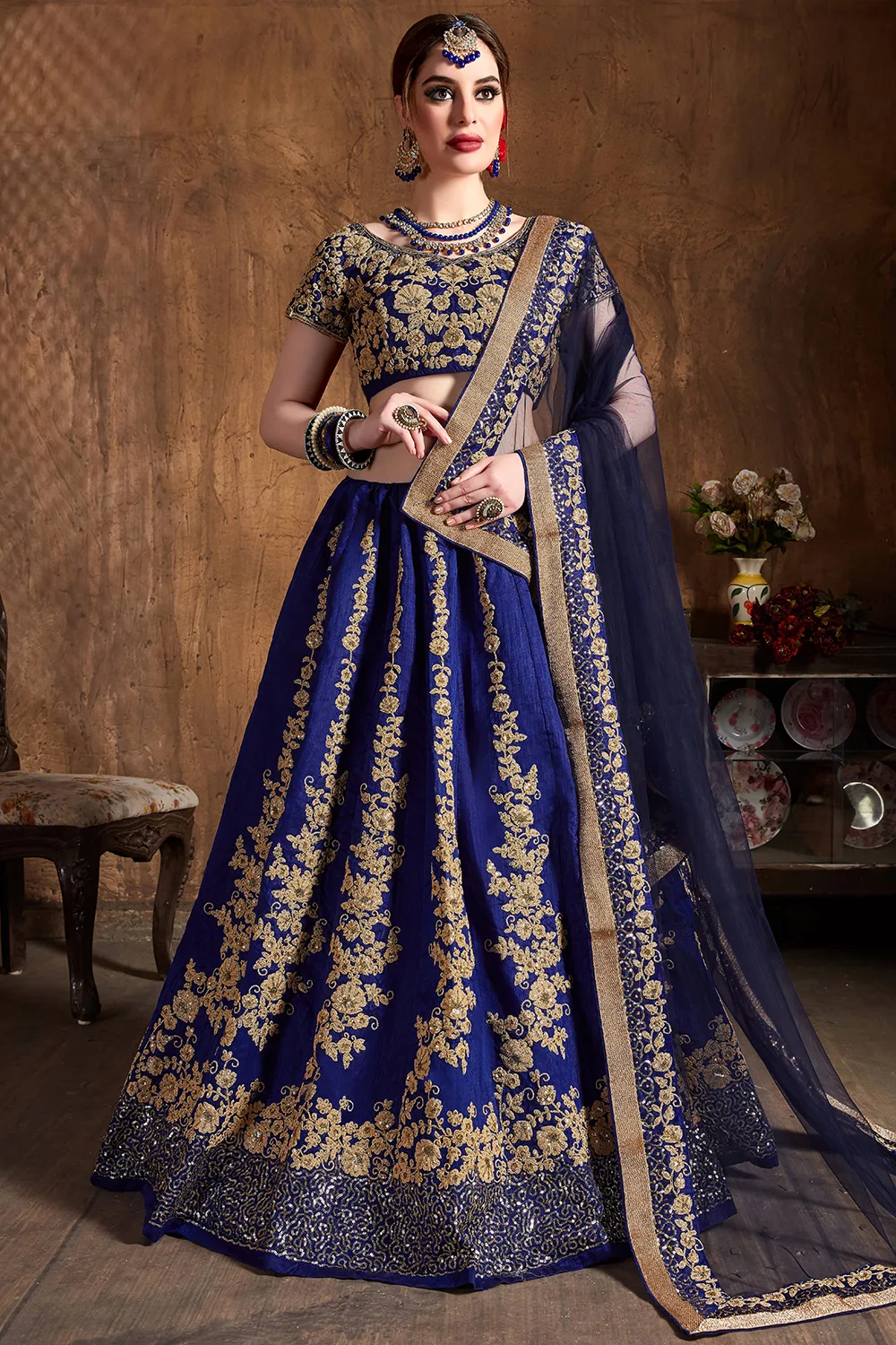 Stunning Navy Blue Wedding Lehenga Choli with Dori and Sequins Embroidery Stunning Navy Blue Wedding Lehenga Choli with Dori and Sequins Embroidery