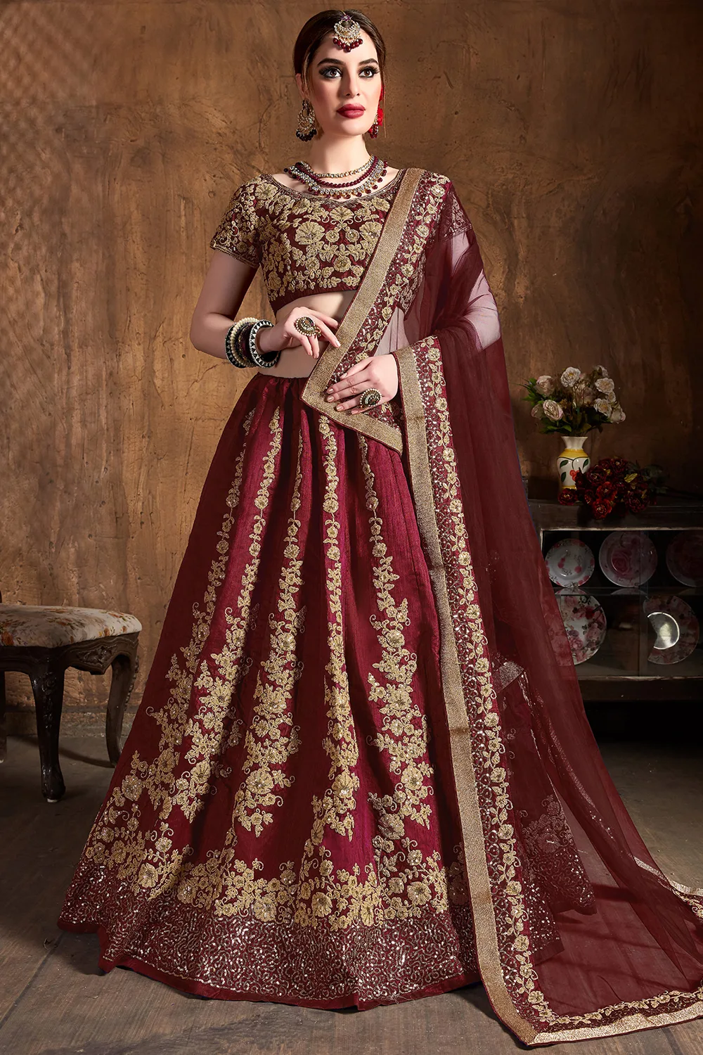 Majestic Maroon Wedding Lehenga Choli with Dori and Sequins Embroidery Majestic Maroon Wedding Lehenga Choli with Dori and Sequins Embroidery