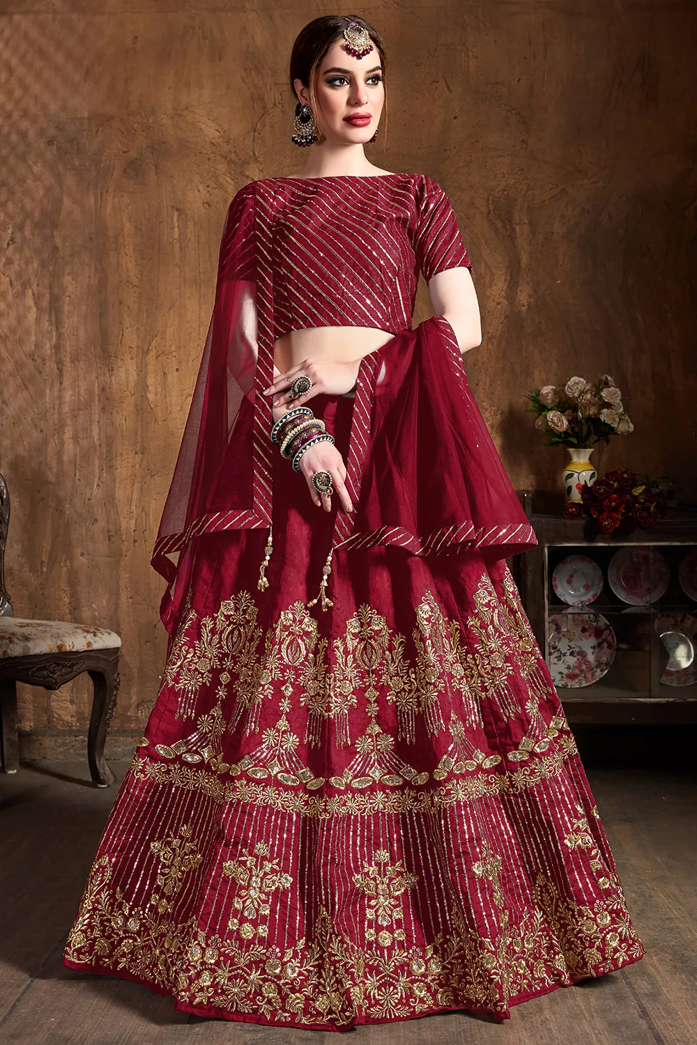 Enchanting Red Wedding Lehenga Choli with Zari, Sequins, and Diamond Work Enchanting Red Wedding Lehenga Choli with Zari, Sequins, and Diamond Work