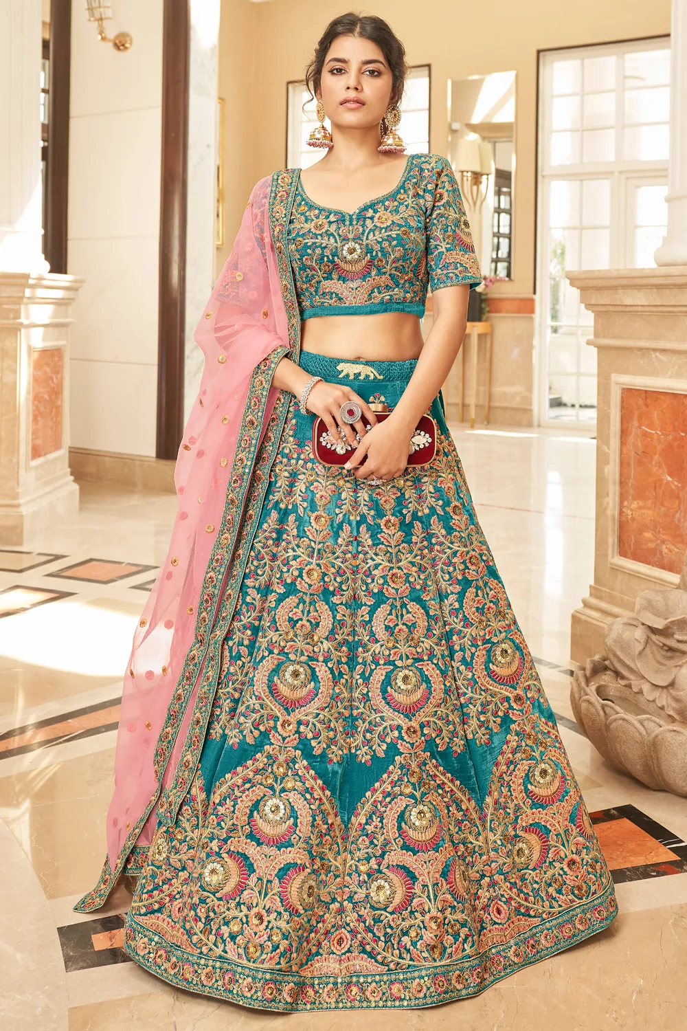 Teal Blue Bridal Lehenga Set with Velvet Blouse and Soft Net Dupatta Teal Blue Bridal Lehenga Set with Velvet Blouse and Soft Net Dupatta