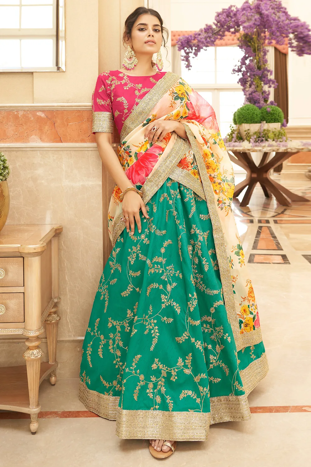 Green and White Art Silk Bridal Lehenga Set with Organza Dupatta Green and White Art Silk Bridal Lehenga Set with Organza Dupatta