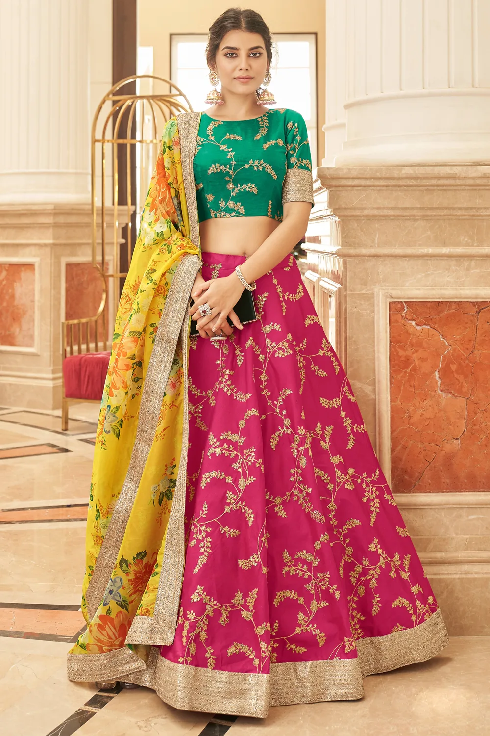 Radiant Pink & Yellow Bridal Lehenga Set with Art Silk and Organza Radiant Pink & Yellow Bridal Lehenga Set with Art Silk and Organza