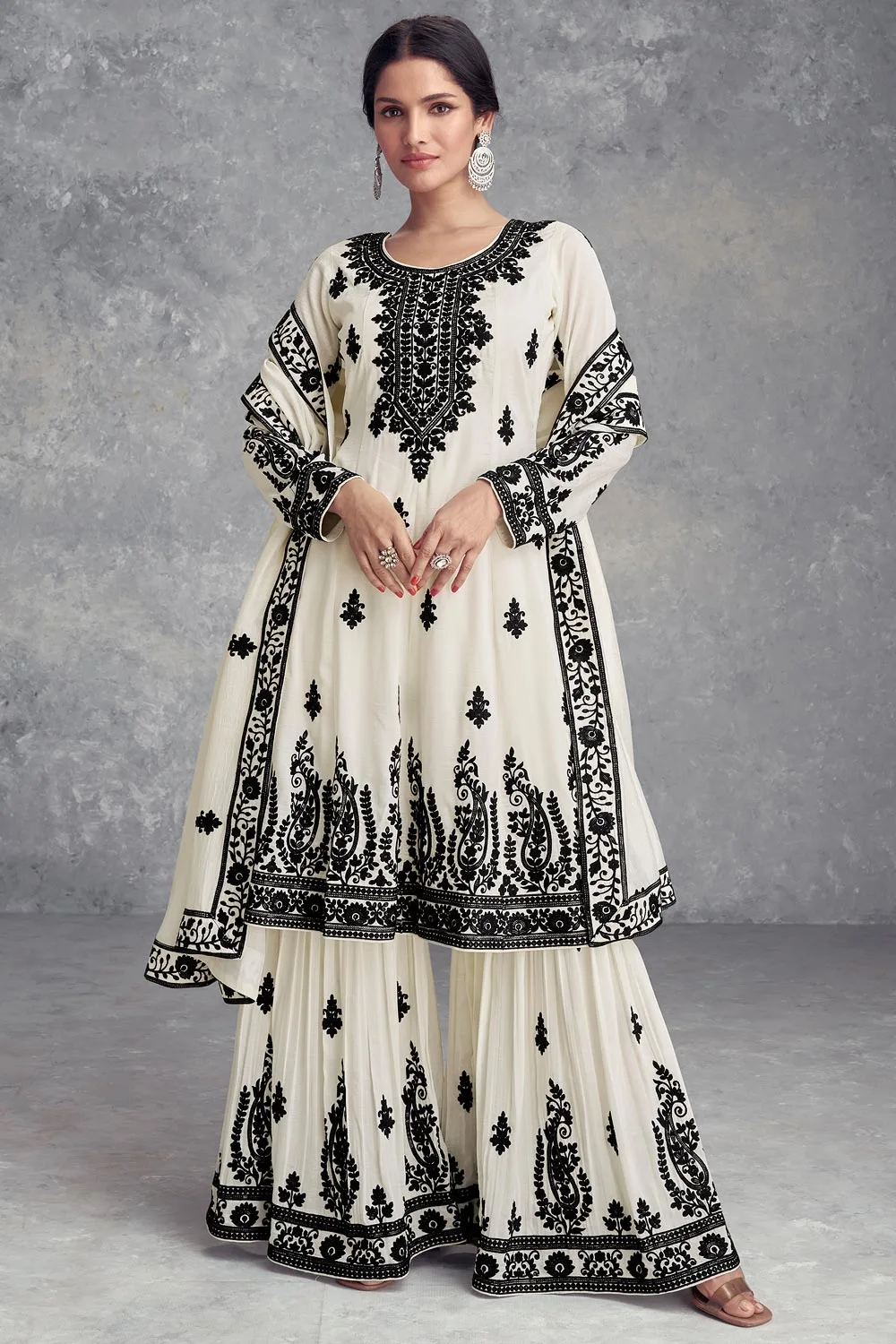 Elegant Real Chinon Sharara Suit Set in Creamy Ivory Elegant Real Chinon Sharara Suit Set in Creamy Ivory