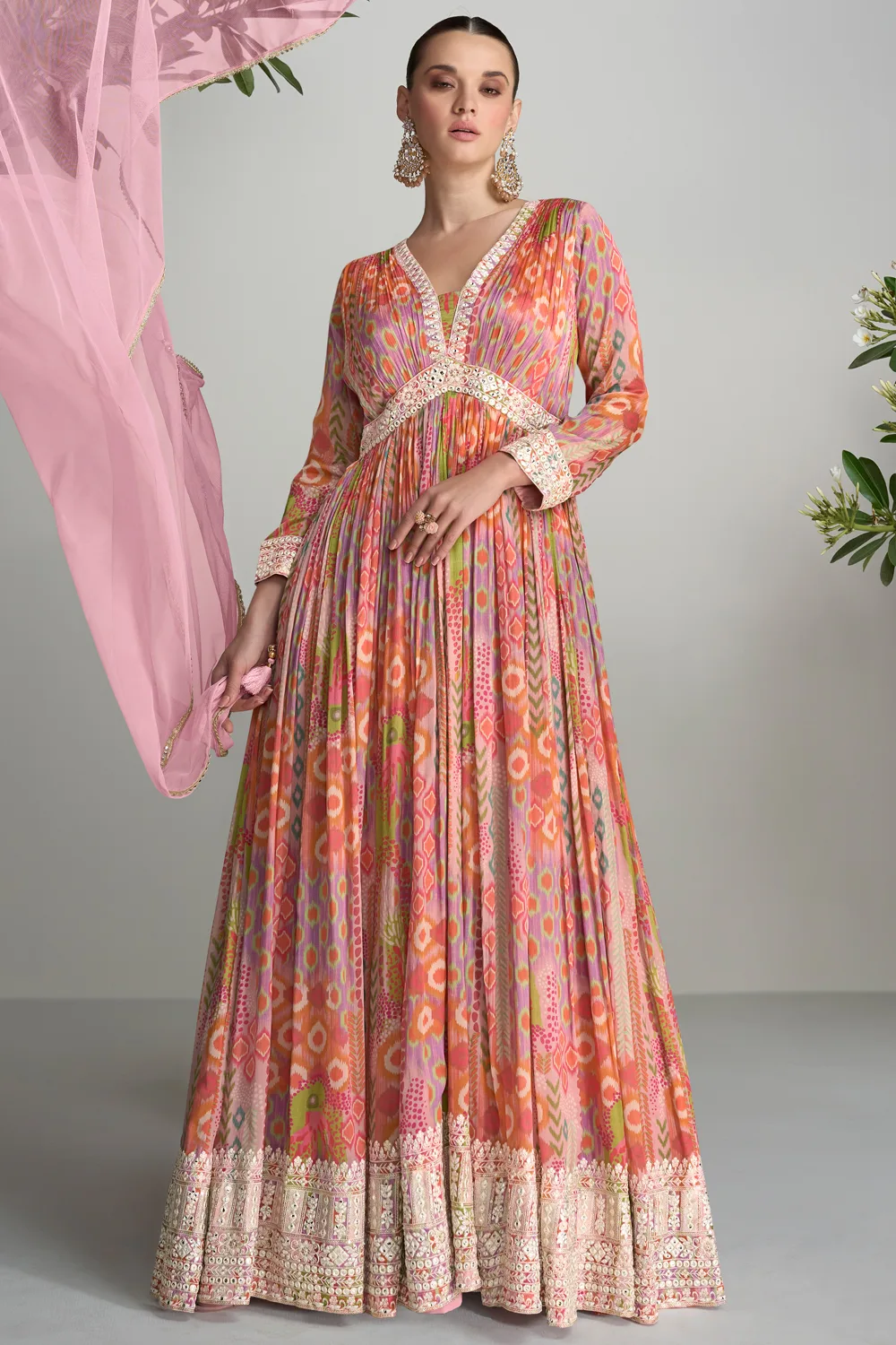 alia cut long dress Pink Real Chinon Alia Cut Long Gown with Soft Net Dupatta