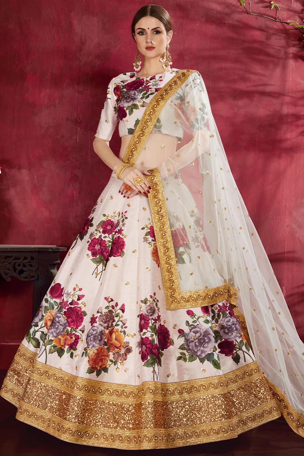 Elegant Off-White Floral Lehenga Choli with Heavy Banglori Silk and Soft Net Dupatta Elegant Off-White Floral Lehenga Choli with Heavy Banglori Silk and Soft Net Dupatta