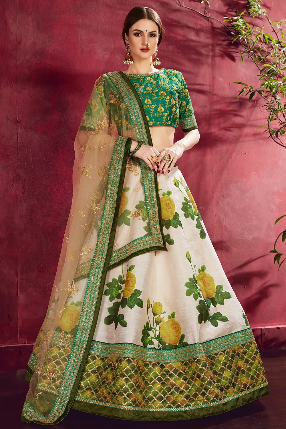 Elegant Cream and Green Floral Lehenga Choli with Luxurious Banglori Silk and Soft Net Dupatta Elegant Cream and Green Floral Lehenga Choli with Luxurious Banglori Silk and Soft Net Dupatta