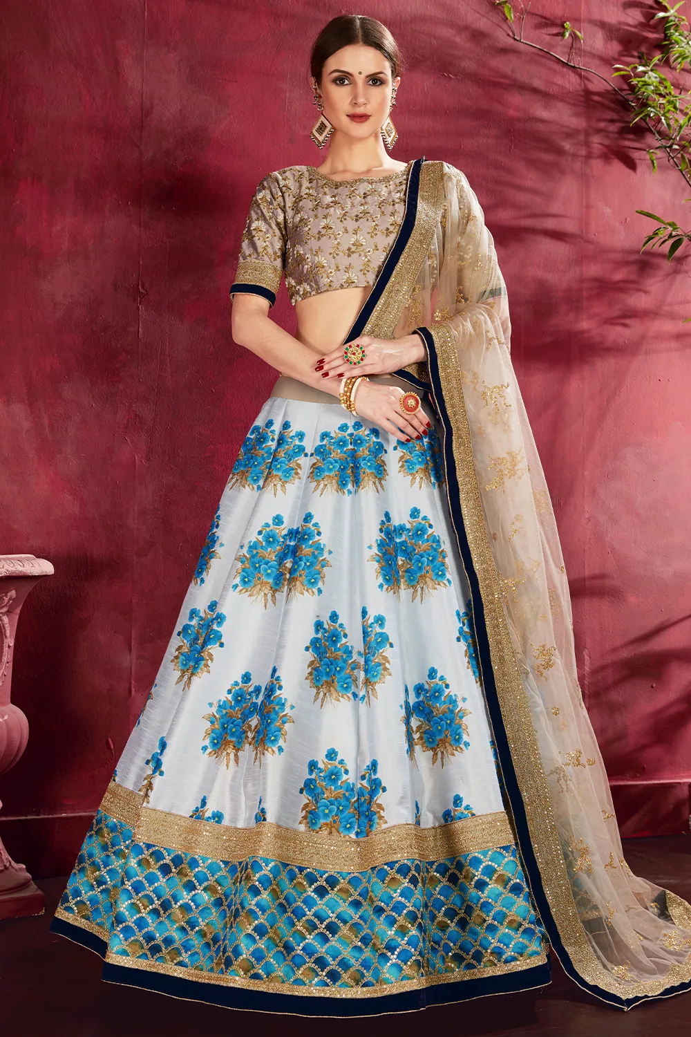 Chic Cream and Beige Floral Lehenga Choli with Premium Banglori Silk and Soft Net Dupatta Chic Cream and Beige Floral Lehenga Choli with Premium Banglori Silk and Soft Net Dupatta