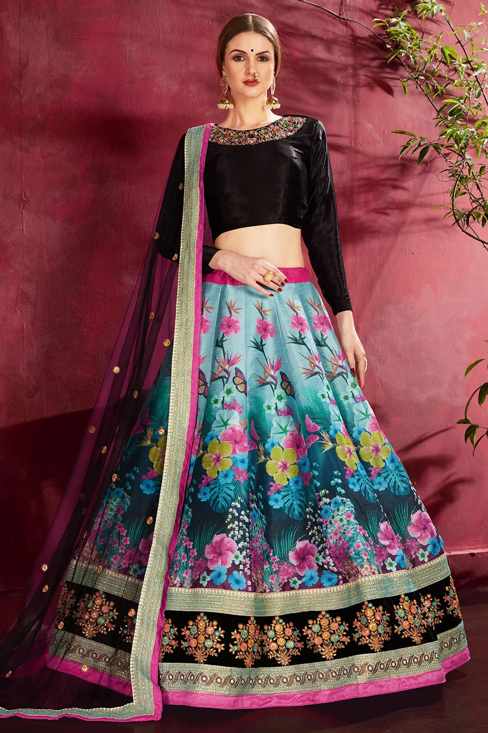 Gorgeous Black Multi-Color Floral Lehenga Choli with Velvet Blouse and Diamond Work Neckline Gorgeous Black Multi-Color Floral Lehenga Choli with Velvet Blouse and Diamond Work Neckline