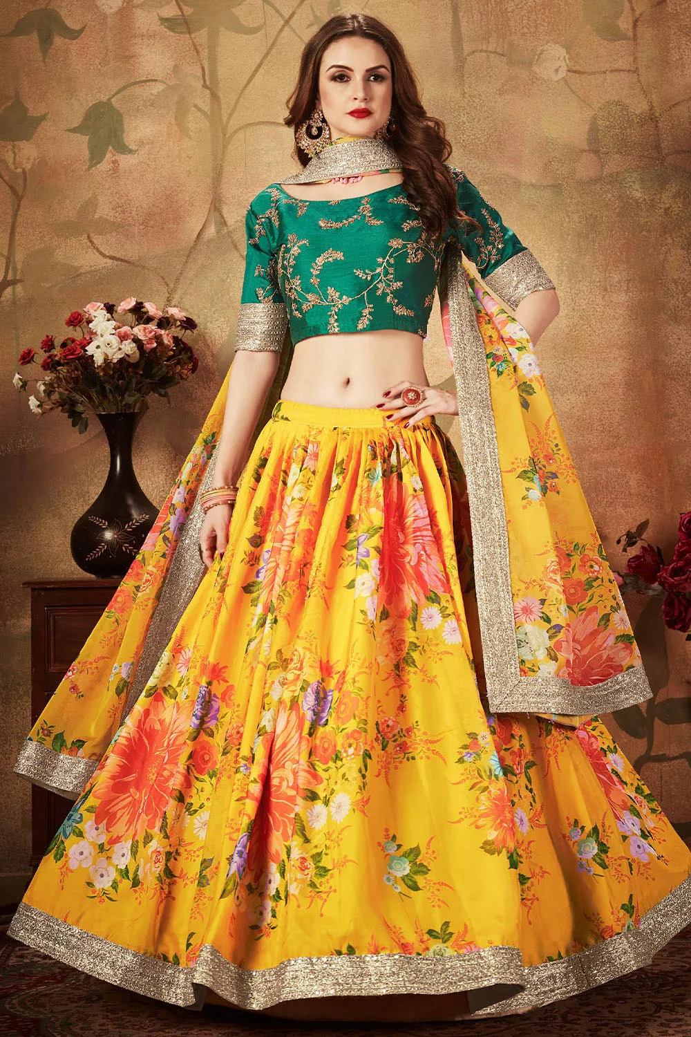 Yellow and Green Organza Lehenga Choli Set with Elegant Embroidery Work Yellow and Green Organza Lehenga Choli Set with Elegant Embroidery Work