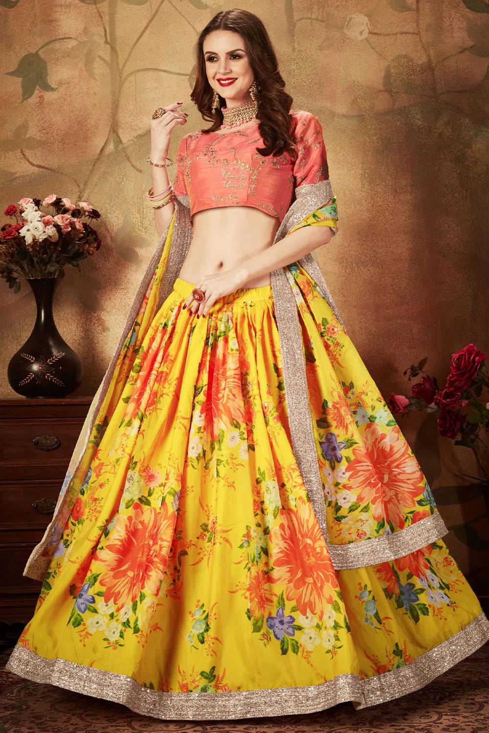 Yellow and Orange Organza Floral Lehenga Choli Set with Elegant Embroidery Work Yellow and Orange Organza Floral Lehenga Choli Set with Elegant Embroidery Work