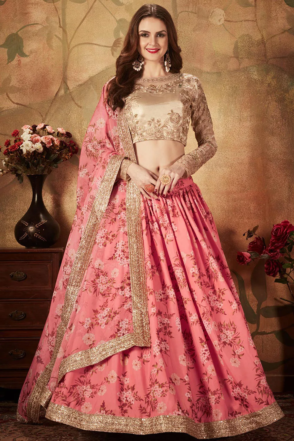 Pink and Beige Organza Floral Lehenga Choli Set with Elegant Embroidery Work Pink and Beige Organza Floral Lehenga Choli Set with Elegant Embroidery Work