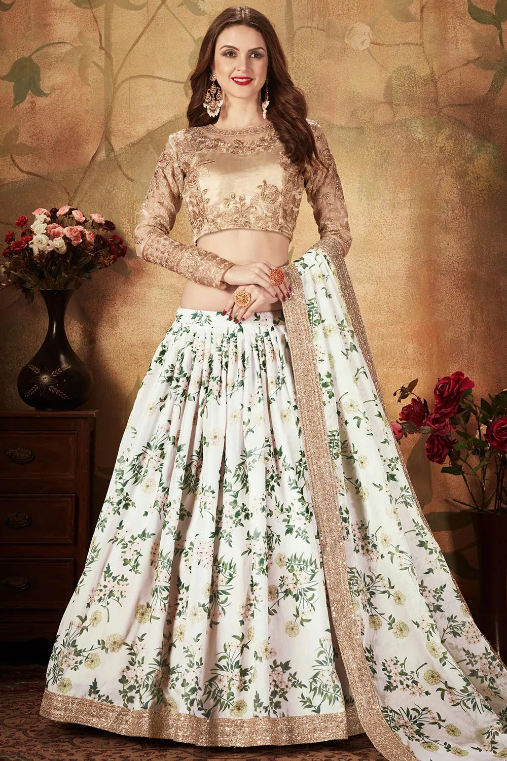 Off-White and Beige Organza Floral Lehenga Choli Set with Elegant Embroidery Work Off-White and Beige Organza Floral Lehenga Choli Set with Elegant Embroidery Work