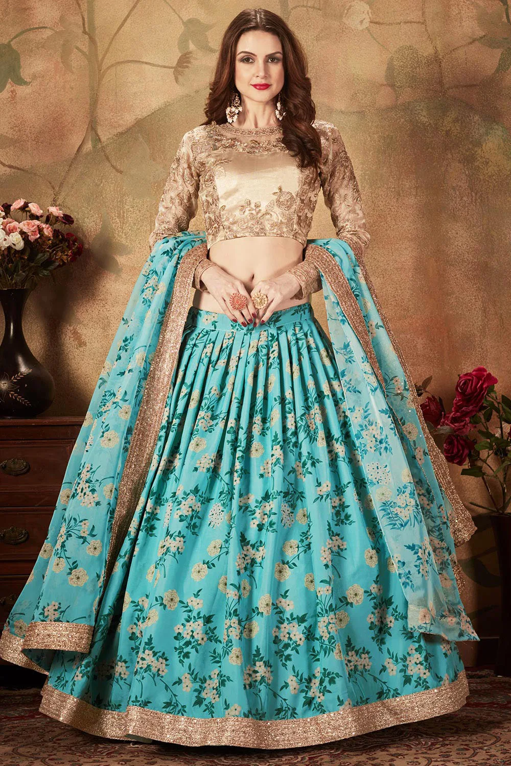 Sky Blue and Beige Organza Floral Lehenga Choli Set with Elegant Embroidery Work Sky Blue and Beige Organza Floral Lehenga Choli Set with Elegant Embroidery Work