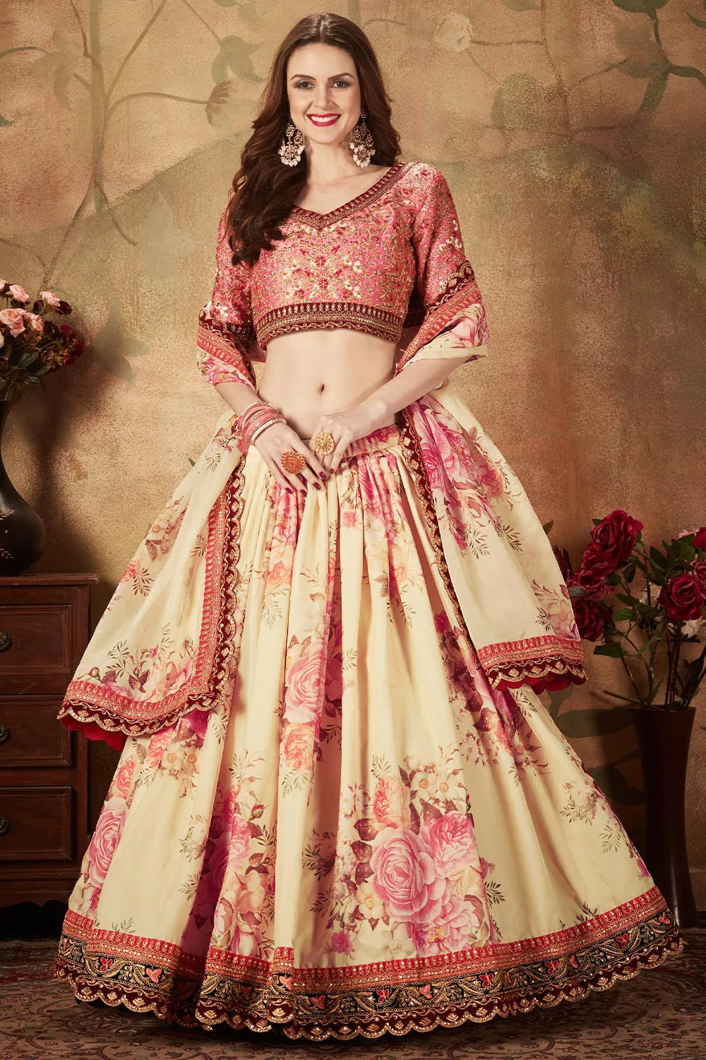 Beige and Peach Organza Floral Lehenga Choli Set with Elegant Embroidery Work Beige and Peach Organza Floral Lehenga Choli Set with Elegant Embroidery Work