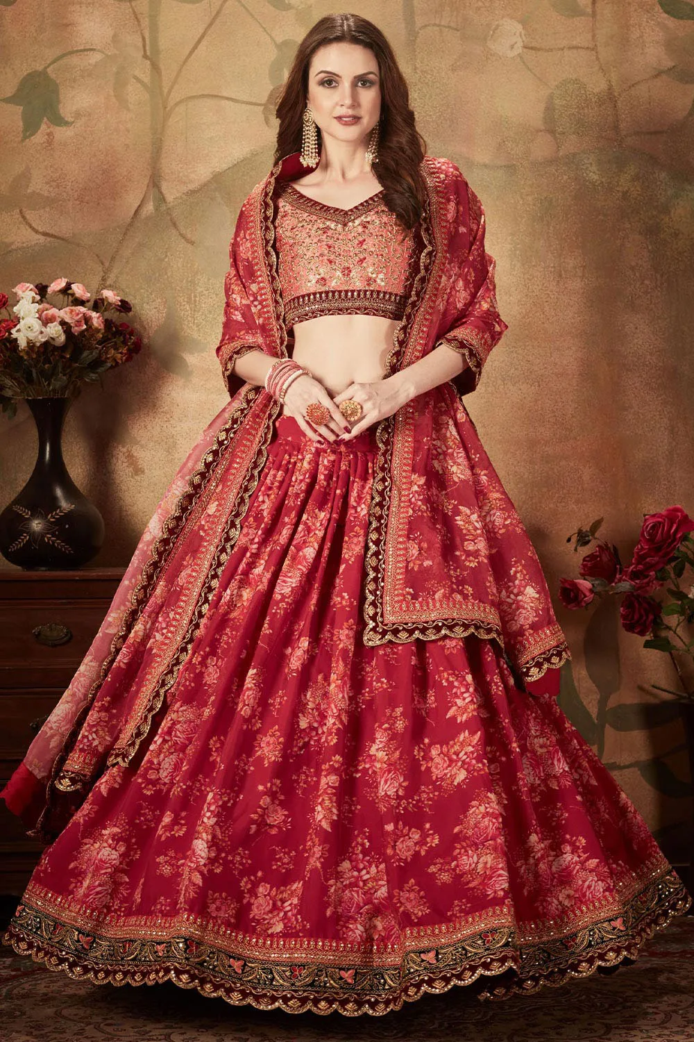 Maroon and Peach Organza Floral Lehenga Choli Set with Elegant Embroidery Work Maroon and Peach Organza Floral Lehenga Choli Set with Elegant Embroidery Work