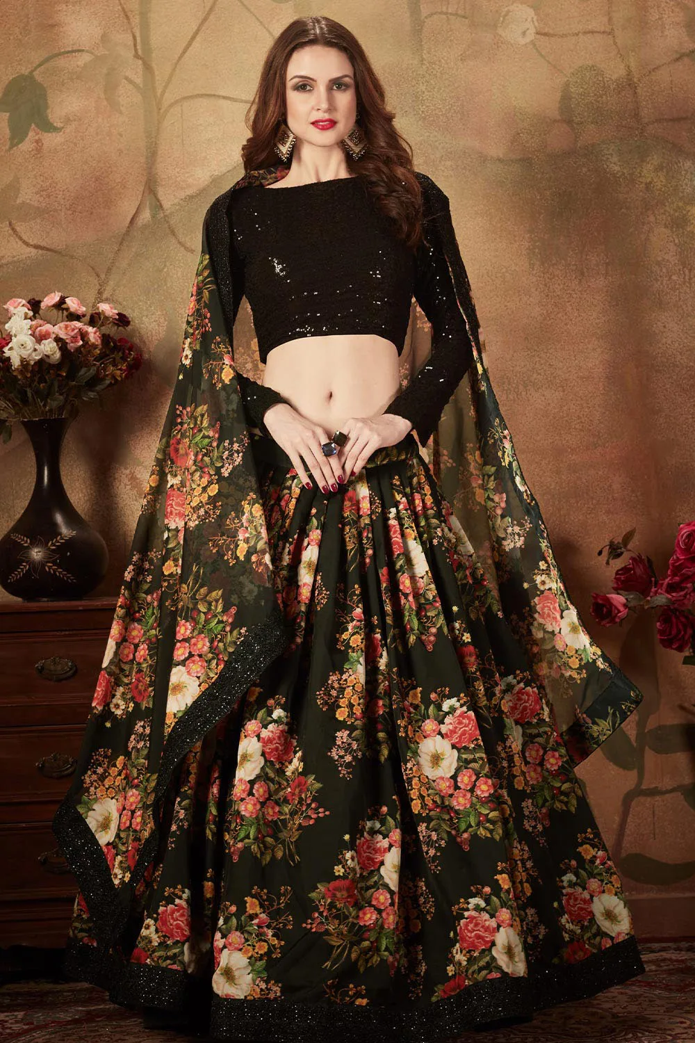 Black Organza Floral Lehenga Choli Set with Elegant Embroidery Work Black Organza Floral Lehenga Choli Set with Elegant Embroidery Work