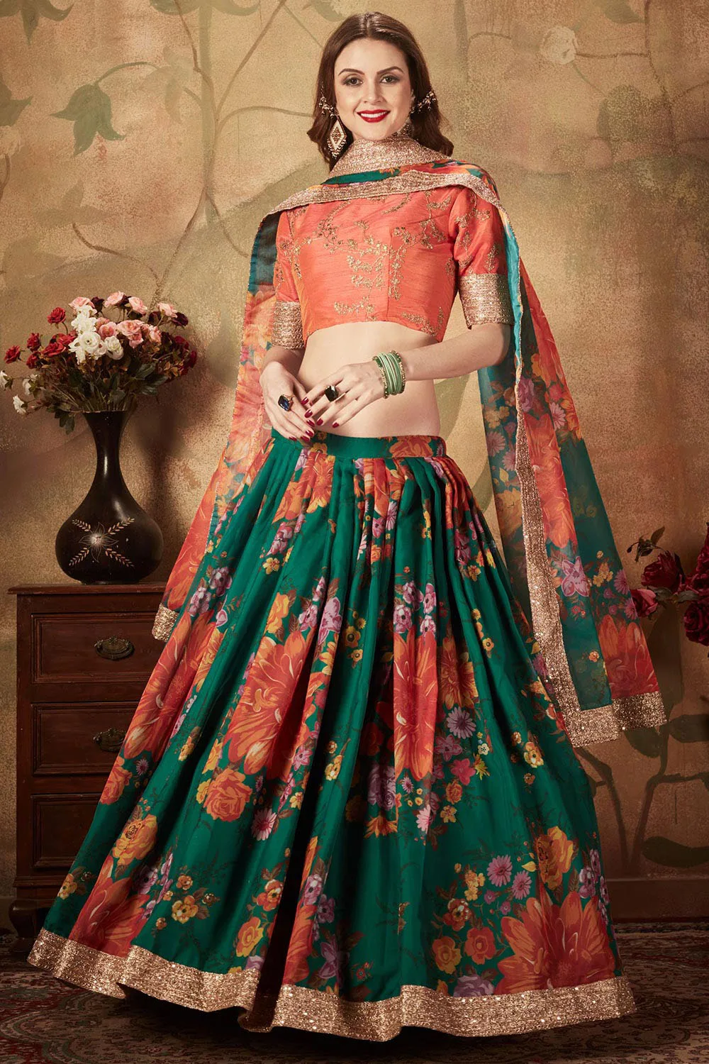 Green and Orange Organza Lehenga Choli Set with Elegant Embroidery Work Green and Orange Organza Lehenga Choli Set with Elegant Embroidery Work