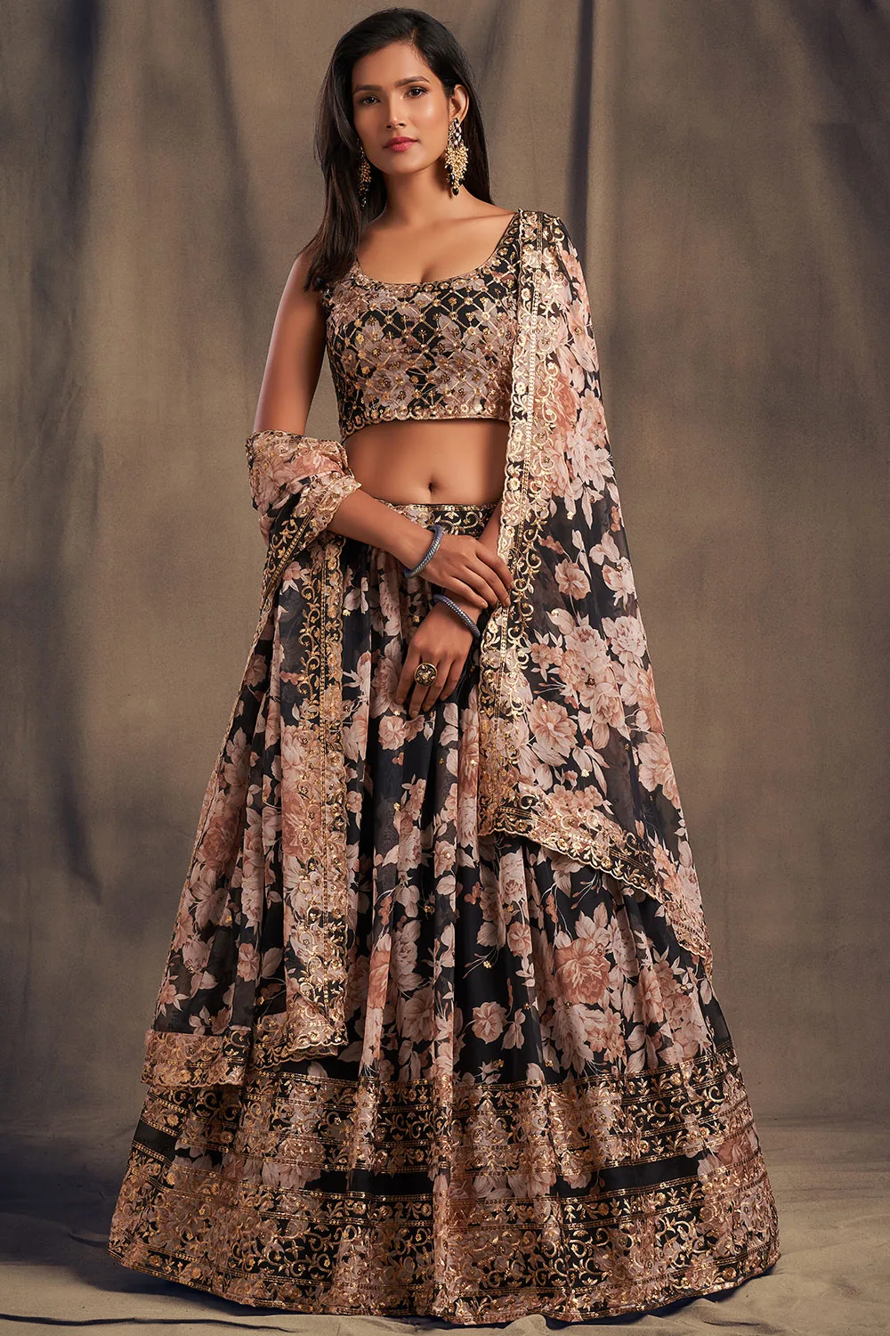 Timeless Black Floral Organza Lehenga Choli Set with Sequins Zari Embroidery Timeless Black Floral Organza Lehenga Choli Set with Sequins Zari Embroidery