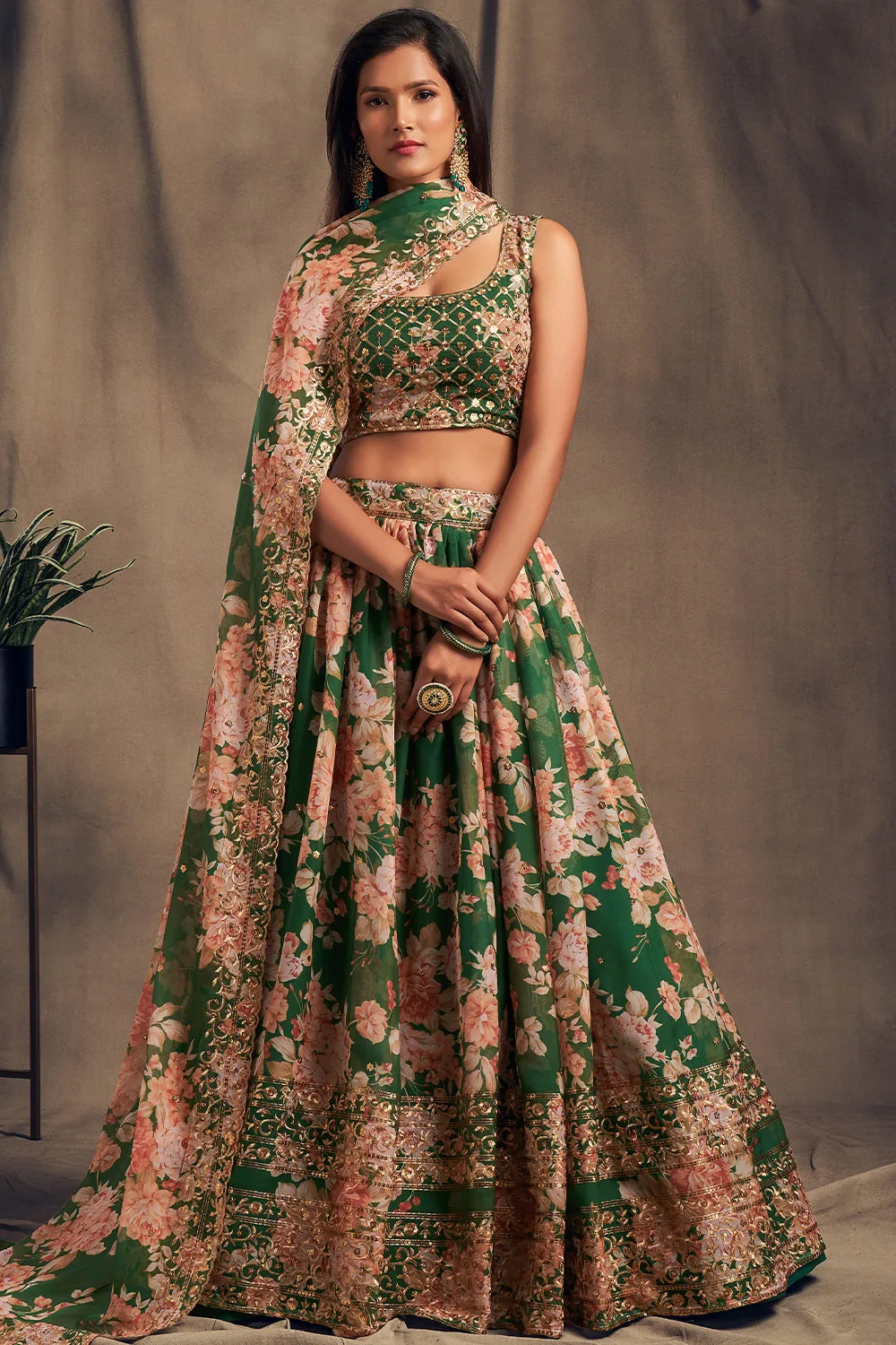 Enchanting Green Floral Organza Lehenga Choli Set with Sequins Zari Embroidery Enchanting Green Floral Organza Lehenga Choli Set with Sequins Zari Embroidery