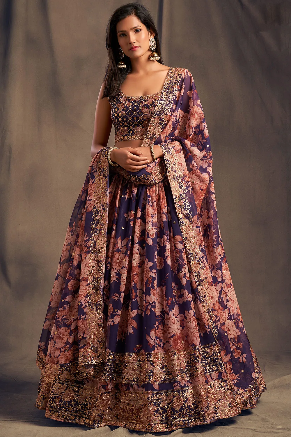 Regal Purple Floral Organza Lehenga Choli Set with Sequins Zari Embroidery Regal Purple Floral Organza Lehenga Choli Set with Sequins Zari Embroidery