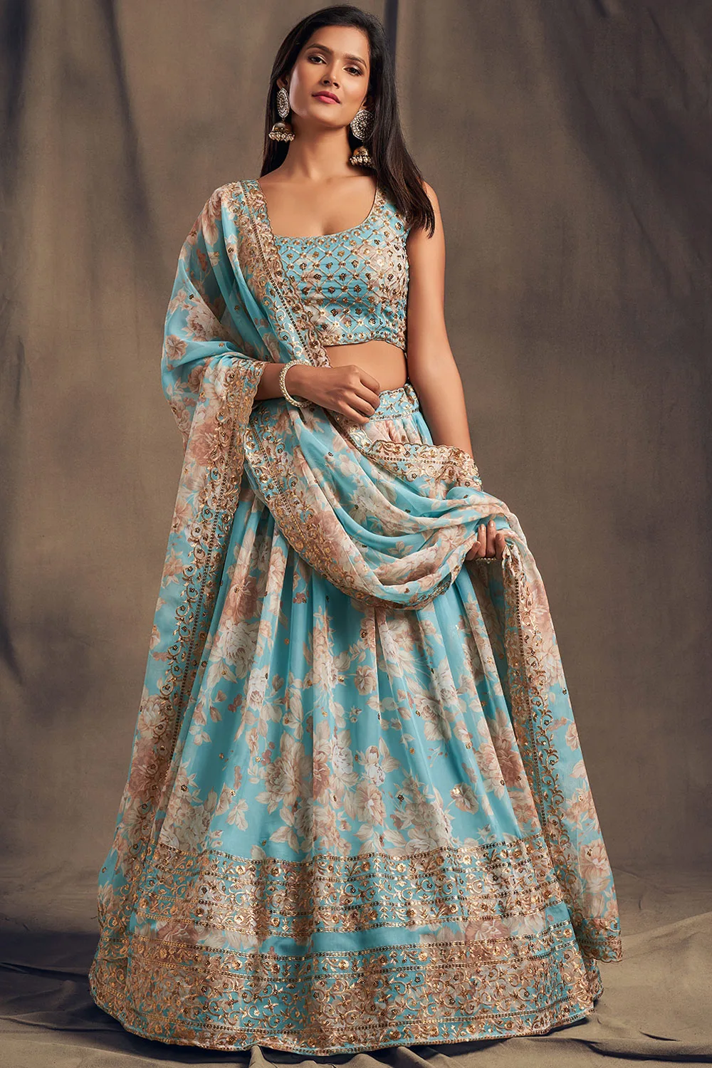 Ethereal Sky Blue Floral Organza Lehenga Choli Set with Sequins Zari Embroidery Ethereal Sky Blue Floral Organza Lehenga Choli Set with Sequins Zari Embroidery