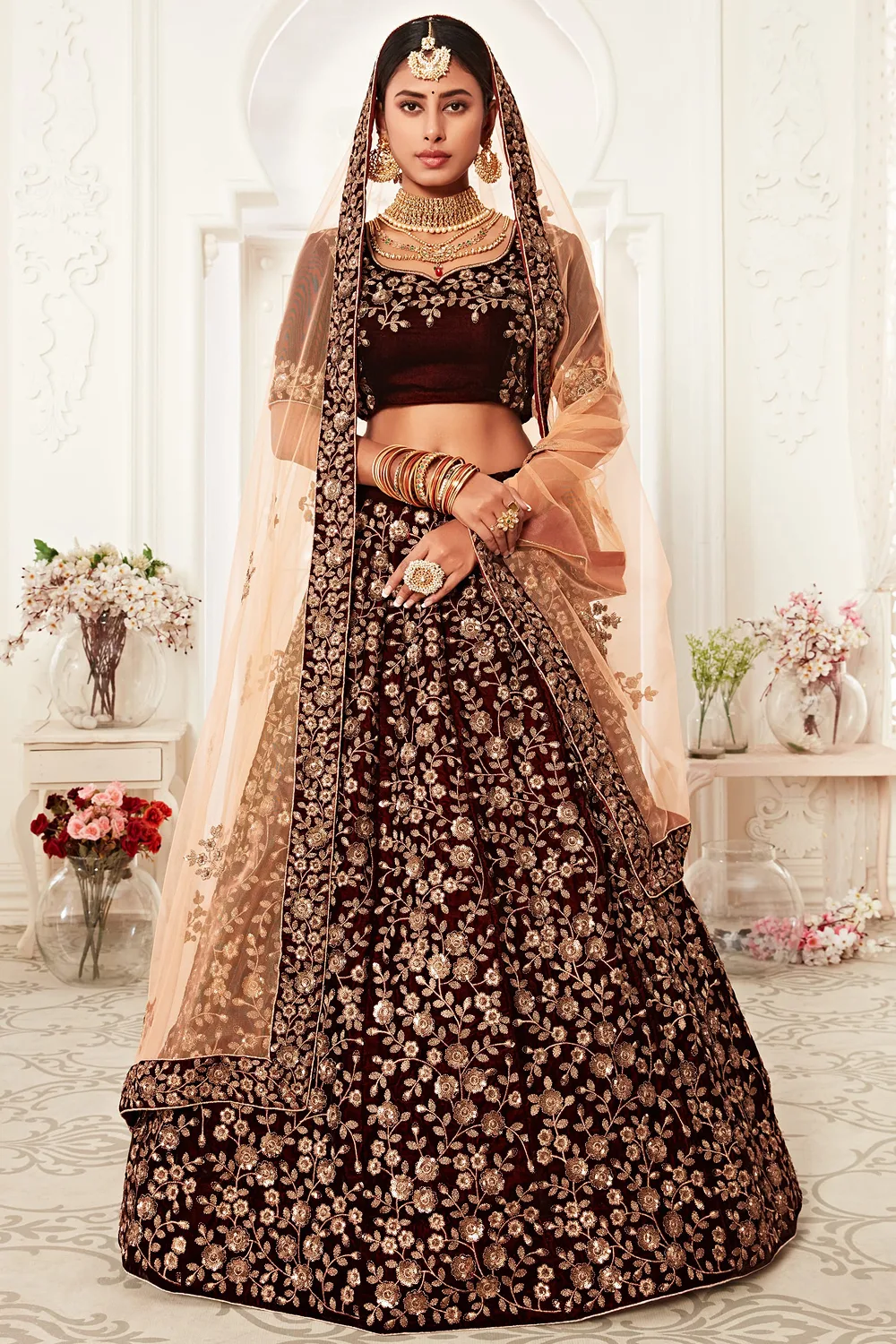 Elegant Maroon Velvet Bridal Lehenga Choli with Embroidery Work Elegant Maroon Velvet Bridal Lehenga Choli with Embroidery Work