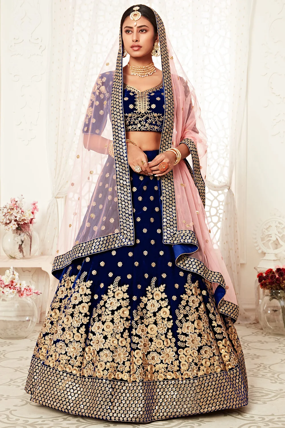 Navy Blue Velvet Bridal Lehenga Choli with Intricate Embroidery Navy Blue Velvet Bridal Lehenga Choli with Intricate Embroidery