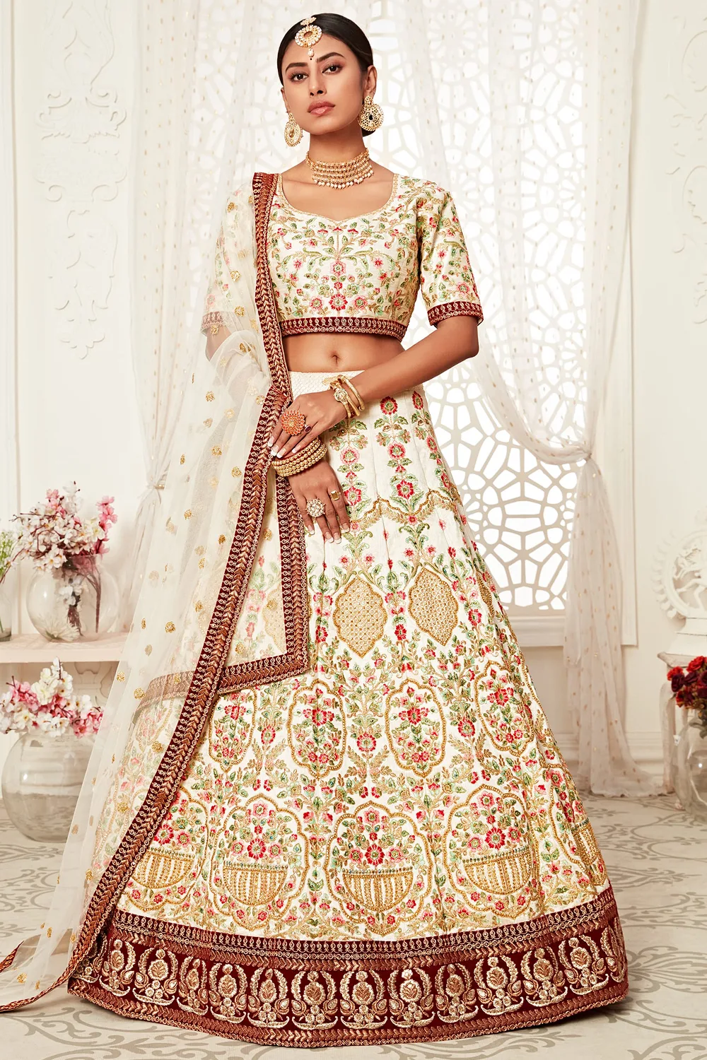 Off-White Art Silk Bridal Lehenga Choli with Dori and Zari Embroidery Off-White Art Silk Bridal Lehenga Choli with Dori and Zari Embroidery