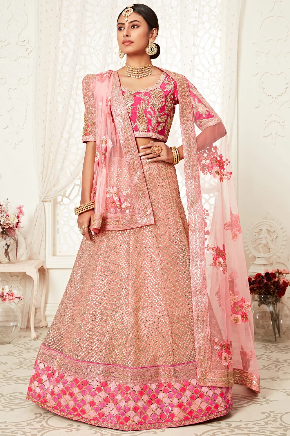 Pink Soft Net and Slub Silk Bridal Lehenga Choli with Zari and Sequins Embroidery Pink Soft Net and Slub Silk Bridal Lehenga Choli with Zari and Sequins Embroidery