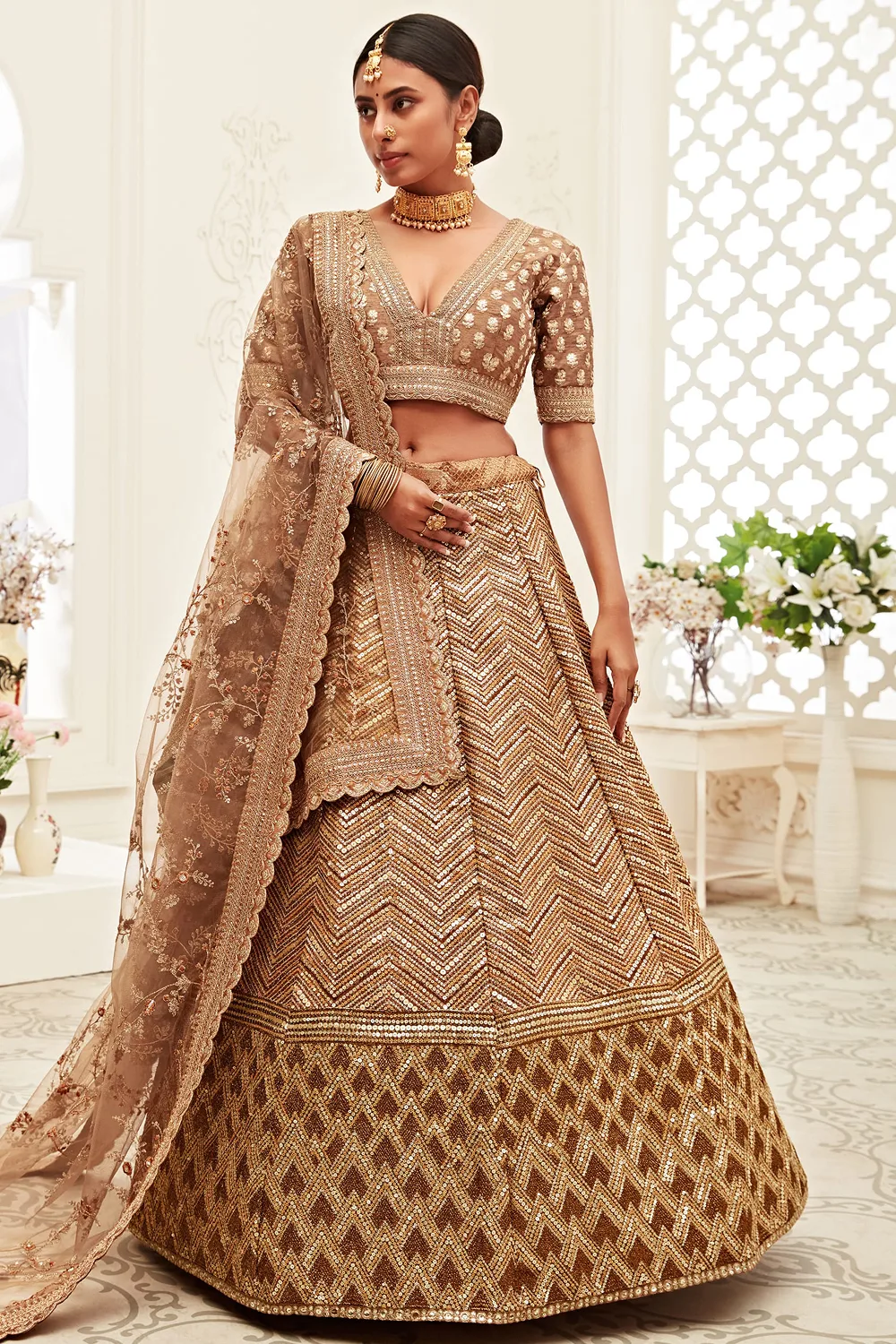 Brown Slub Silk Bridal Lehenga Choli with Intricate Zari and Sequins Embroidery Brown Slub Silk Bridal Lehenga Choli with Intricate Zari and Sequins Embroidery