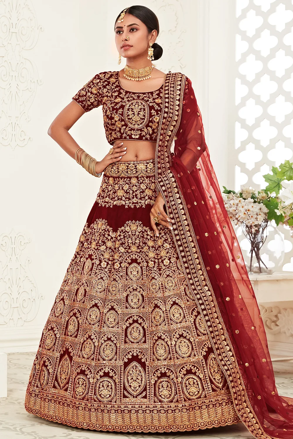 Red Velvet Bridal Lehenga Choli with Intricate Thread and Zari Embroidery Red Velvet Bridal Lehenga Choli with Intricate Thread and Zari Embroidery