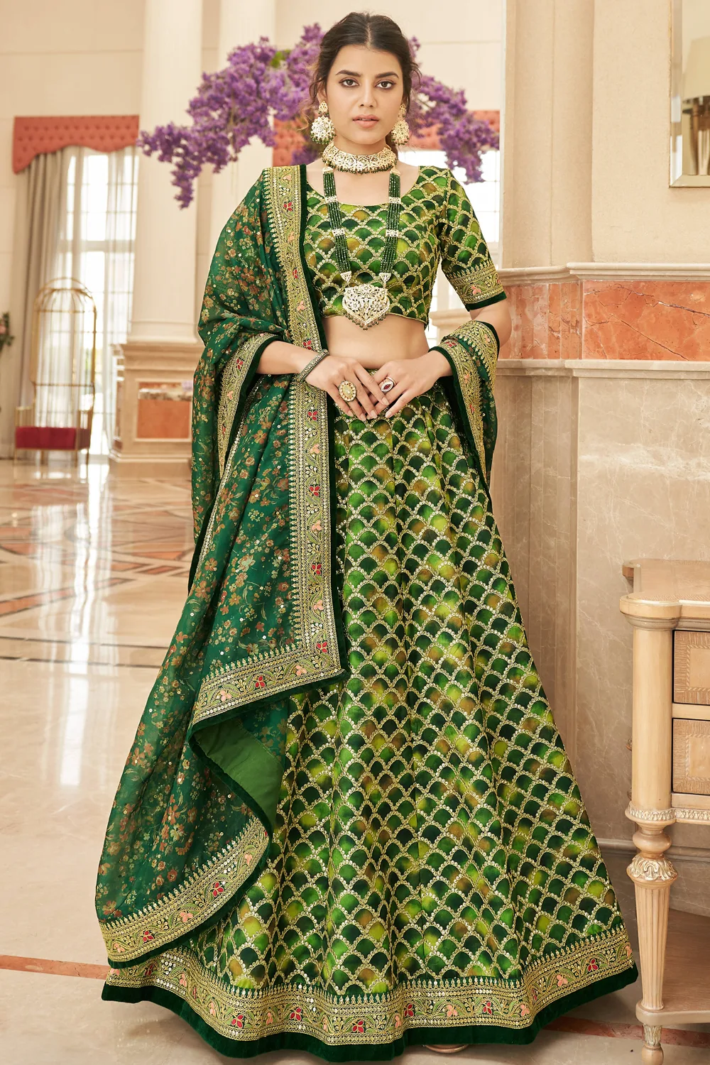 Exquisite Green Art Silk Bridal Lehenga Set with Organza Dupatta Exquisite Green Art Silk Bridal Lehenga Set with Organza Dupatta