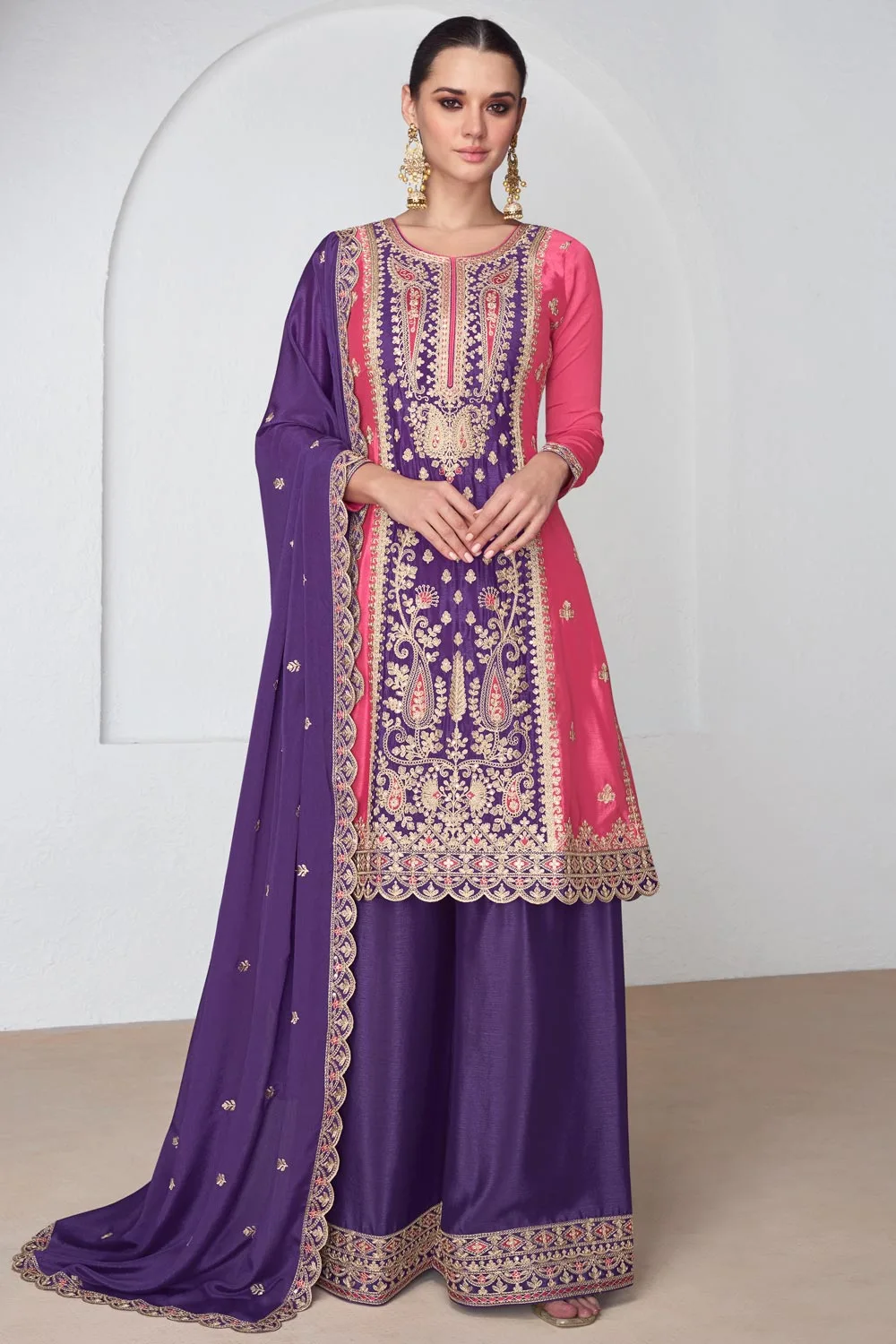 Pink Chiffon Sharara Suit Set: Premium Silk Top, Plazzo, and Dupatta Pink Chiffon Sharara Suit Set: Premium Silk Top, Plazzo, and Dupatta