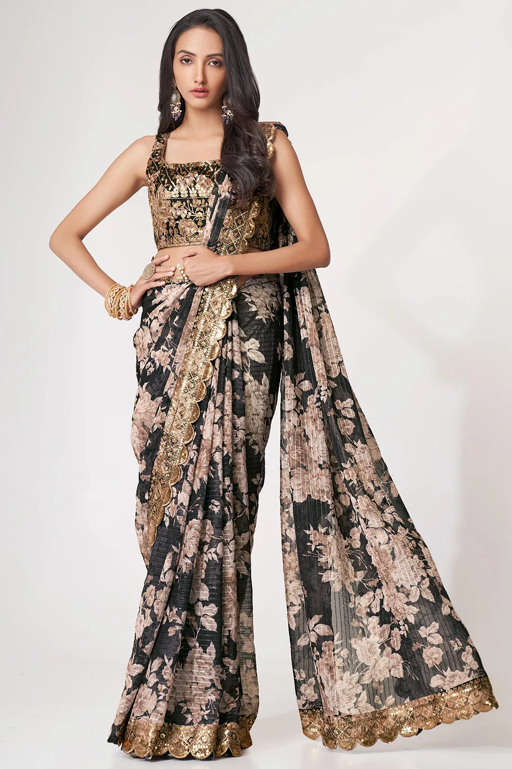 Black Organza Floral Saree with Sequins Embroidery and Digital Print Black Organza Floral Saree with Sequins Embroidery and Digital Print