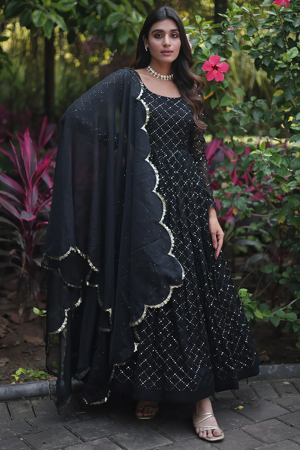 Black Faux Georgette Long Gown with Sequins-Multi and Thread Embroidered Work and Russian Silk Dupatta Black Faux Georgette Long Gown with Sequins-Multi and Thread Embroidered Work and Russian Silk Dupatta