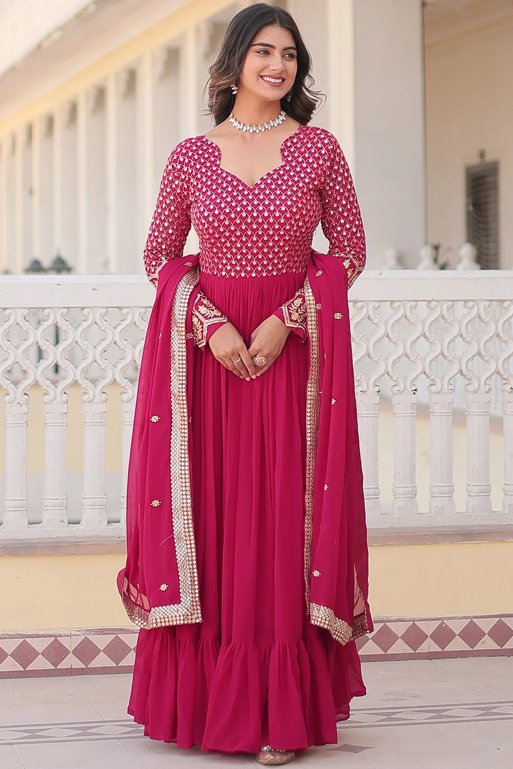 Deep Pink Faux Blooming Gown with Sequins-Multi & Zari Embroidered Work Deep Pink Faux Blooming Gown with Sequins-Multi & Zari Embroidered Work