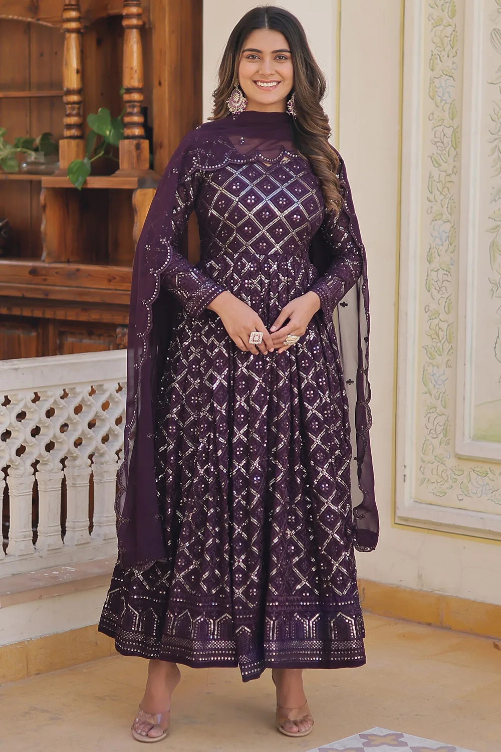 Dark Purple Faux Blooming Gown with Sequins Embroidery and Matching Dupatta Dark Purple Faux Blooming Gown with Sequins Embroidery and Matching Dupatta