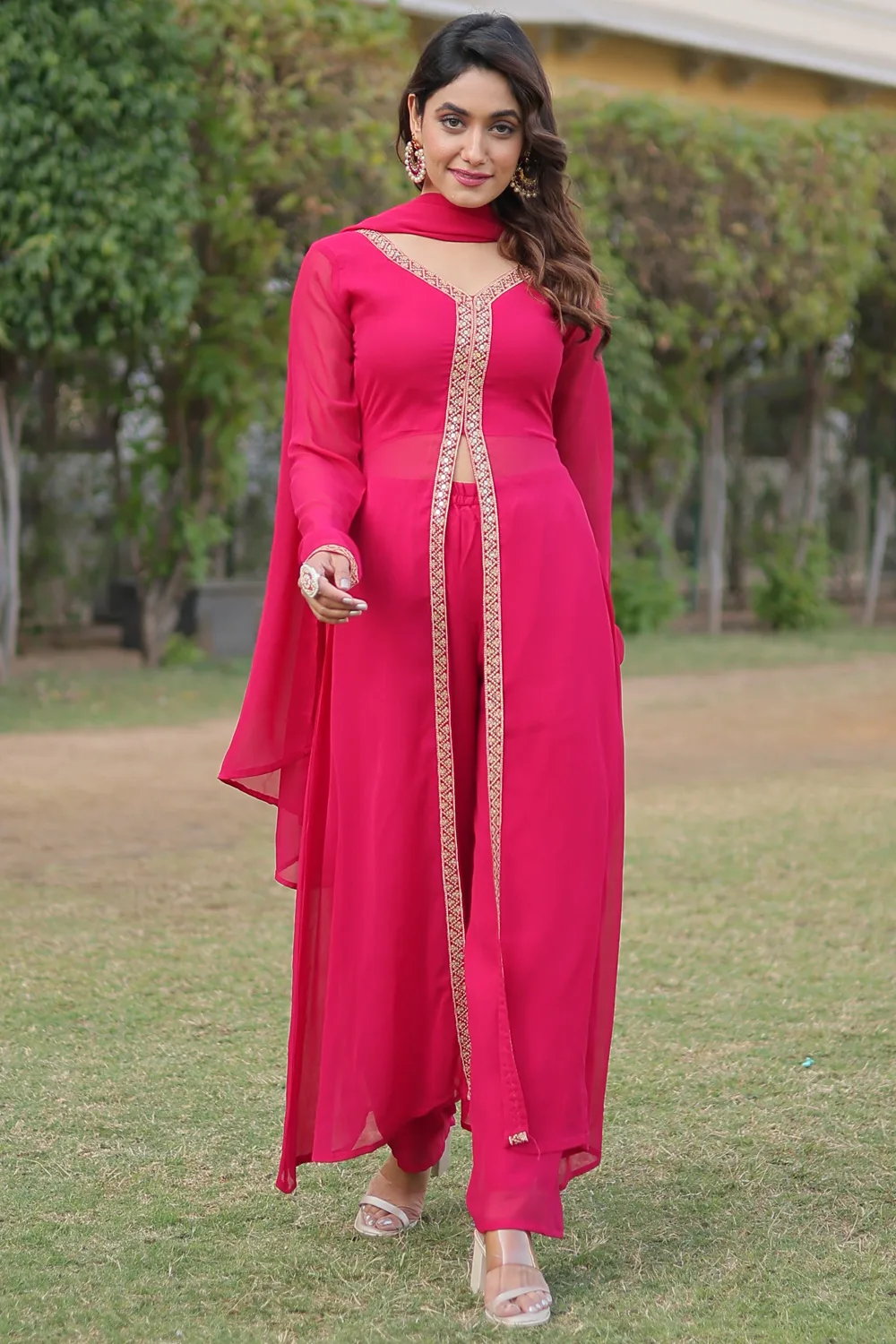 Pink Faux Blooming Embroidered Readymade Anarkali Suit Pink Faux Blooming Embroidered Readymade Anarkali Suit