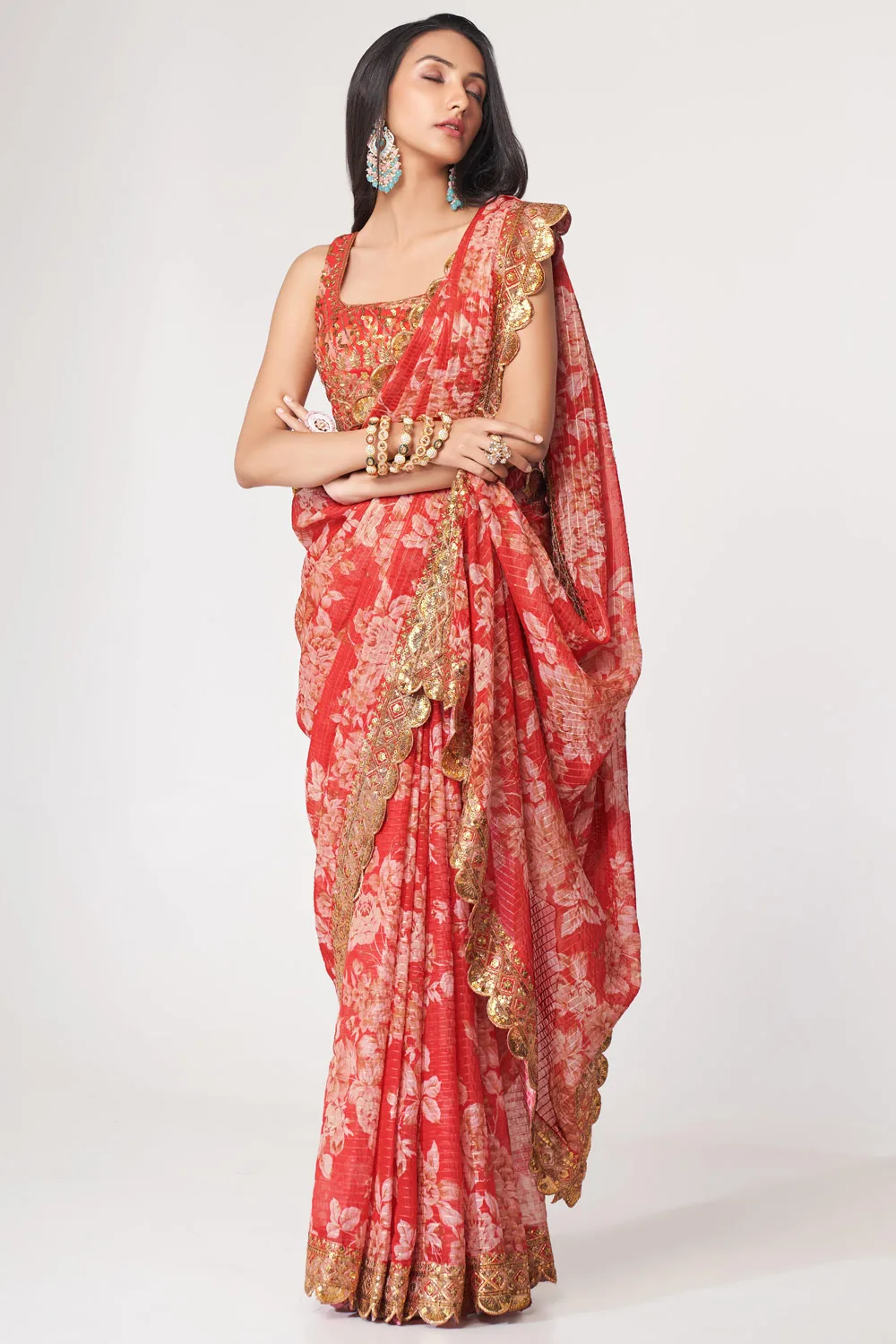 Red Organza Floral Saree with Sequins Embroidery and Digital Print Red Organza Floral Saree with Sequins Embroidery and Digital Print