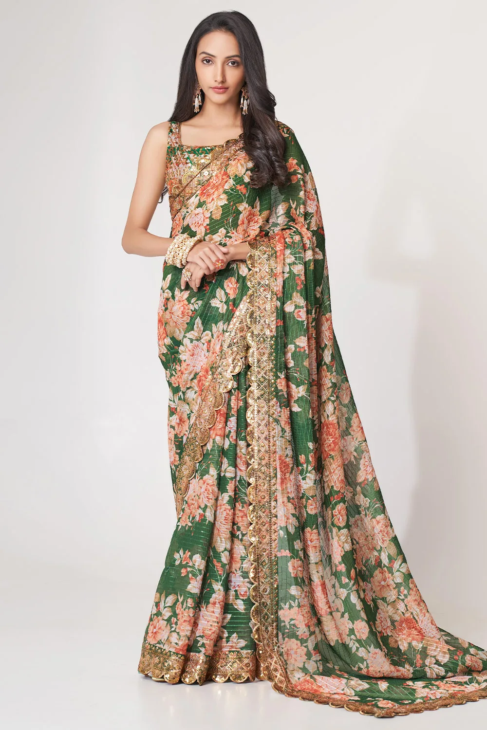 Green Organza Floral Saree with Sequins Embroidery and Digital Print Green Organza Floral Saree with Sequins Embroidery and Digital Print
