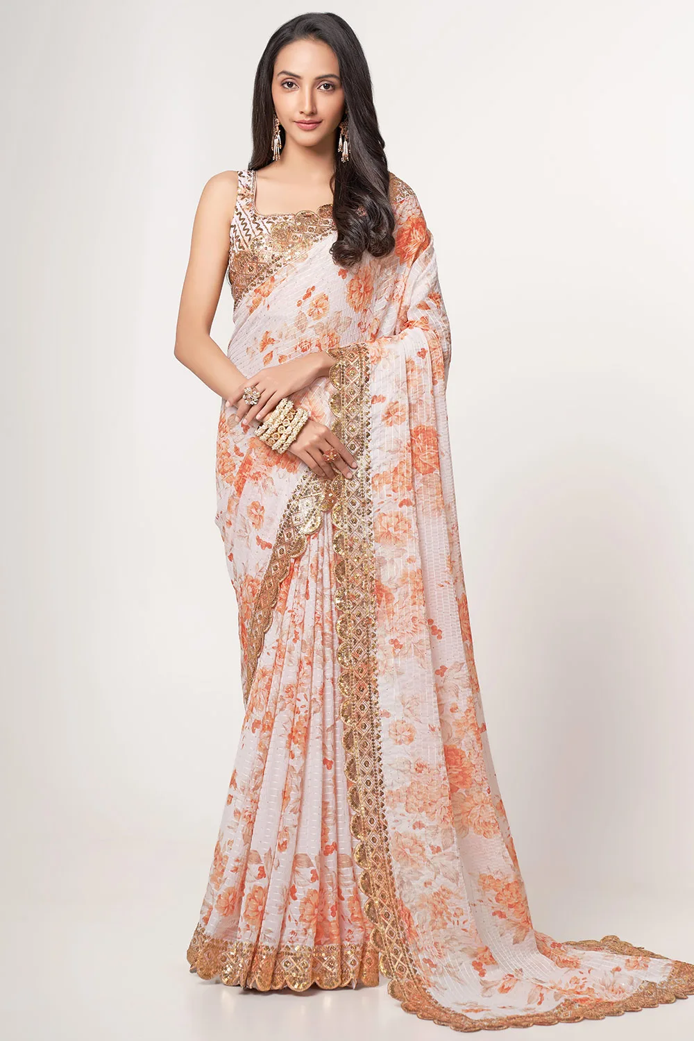 Elegant White Organza Floral Saree with Sequins Embroidery and Digital Print Elegant White Organza Floral Saree with Sequins Embroidery and Digital Print