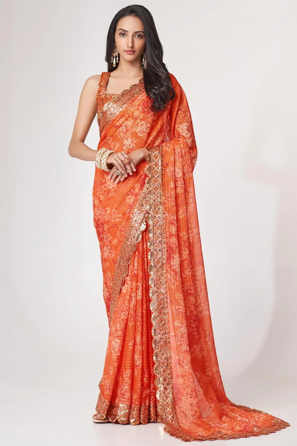 Orange Organza Floral Saree with Sequins Embroidery and Digital Print Orange Organza Floral Saree with Sequins Embroidery and Digital Print